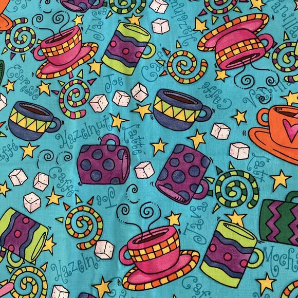 Timeless Treasures Hi Fashion Fabrics Whimsical Coffee Mugs Bright Colors 2 yds - Picture 2 of 7